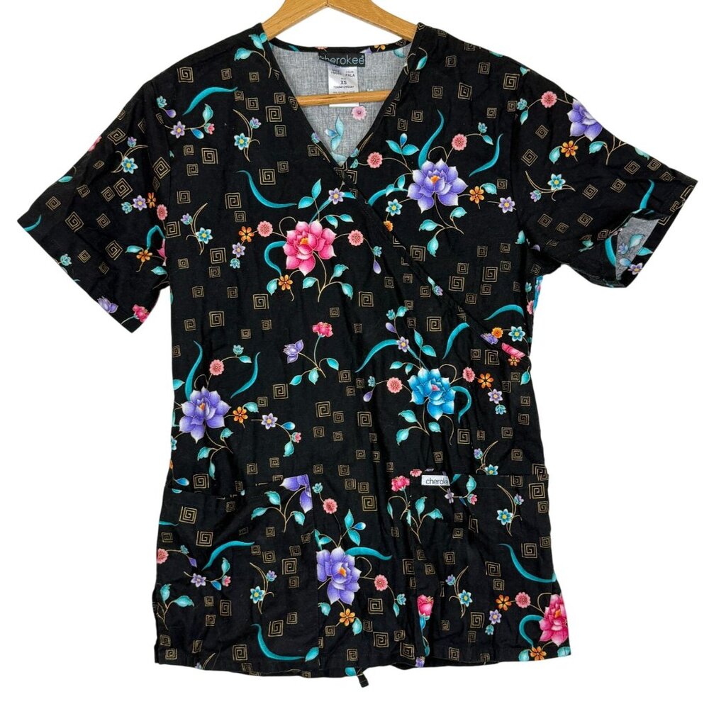 Cherokee Scrub Top XS Black Floral V-Neck Pockets Cotton Tie Waist Medical Vet